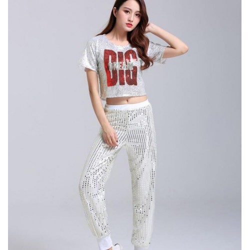 Women's girls sequin jazz dance costumes silver red blue cheerleaders stage performance hiphop night club dj pole dance outfits 